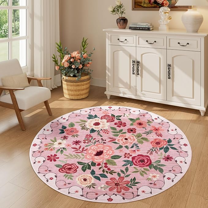 DUKINO 4ft Round Rug, Floral Washable Small Round Area Rug Non Slip, Pink | Soft, Low Pile, Stain Resistant Indoor Circle Rug for Bedroom, Kitchen, Kids Room, Living Room, Pet Friendly, Home Decor