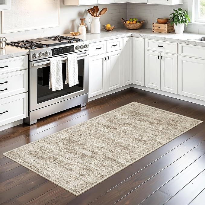 Soalmost 2x4 Washable Rugs for Kitchen, Entryway, Small Area Rug Brown | Non-Slip Vintage Low Pile Throw Door Mat For Bathroom Entry Laundry Powder Room, Stain Resistant Indoor Entrance Floor Carpet
