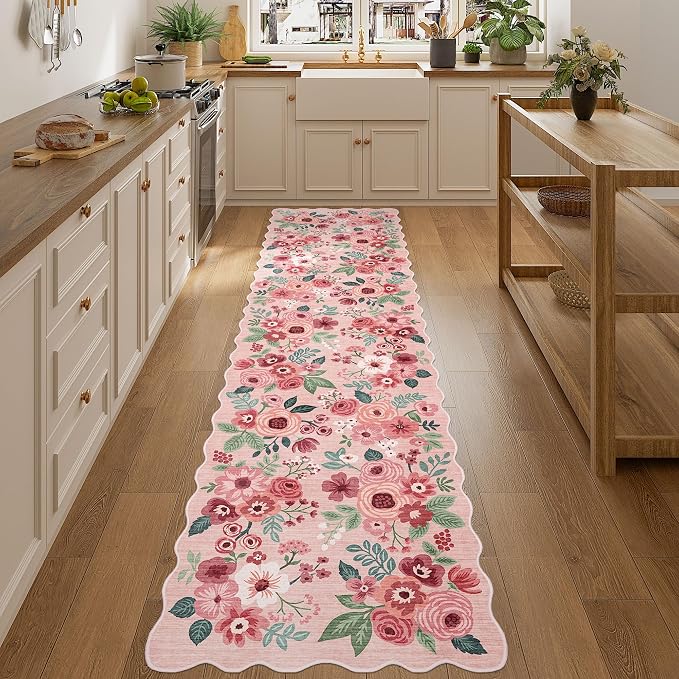 DUKINO 2.6x10 Runner Rug for Hallway, Floral Washable Rug Non Slip, Pink | Soft, Low Pile, Lightweight Indoor Throw Rug Runner for Entryway, Bedroom, Bathroom, Laundry, Pet Friendly, Modern Home Decor
