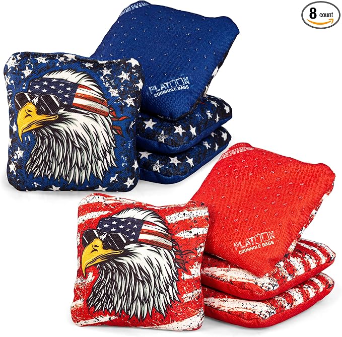 Play Platoon Competition Series Cornhole Bags Set of 8 Regulation Professional Weight Double Sided Slick and Stick with Rubber Sticky Dot Slow Side for Pro Corn Hole Bean Bag Toss Game-Designed in USA
