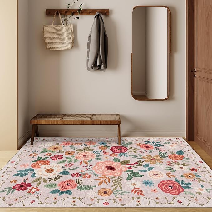DUKINO 3x5 Area Rug, Floral Washable Rug for Bedroom Non Slip, Beige | Soft, Stain Resistant Low Pile Indoor Rug for Entryway, Bedroom, Bathroom, Living Room, Pet Friendly, Home Decor, Lightweight