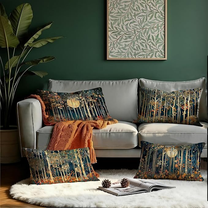 Rustic William Morris Inspired Forest Moon Decor Pillow Covers 12x20 Set of 4,Vintage Botanical Nature Landscape Decorative Throw Pillow Covers for Home Bedroom Living Room,Fall Home Room Decor
