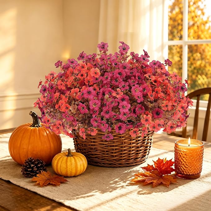 Artificial Fake Mums Flowers Plants for Outdoors Autumn Decorations,12 Bundles Faux Mums Silk Daisy Fall Flowers Plant UV Resistant Look Real for Outside Planters Porch Front Yard Home Orange Burgundy