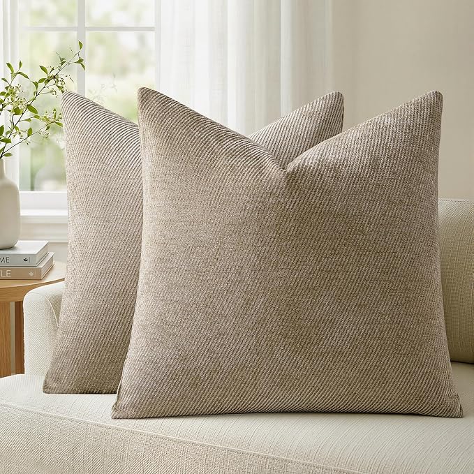 a moment Pack of 2 Decorative Chenille Throw Pillow Covers with Twill Cushion Covers for Sofa Living Room Couch Bed 16x16 Inch Light Brown