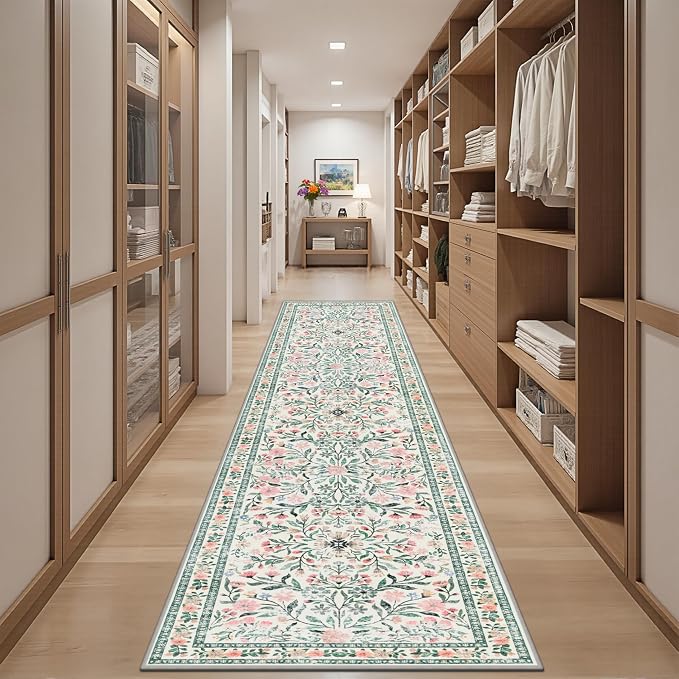 Runner Rug for Entryway: 3x10 Kitchen Rugs Floral Washable Rug Green/Beige | Ultra-Thin Non Slip Indoor Floor Carpet Stain Resistant Carpets for Hallway Bedroom Kitchen Laundry Bathroom Dorm Home Office