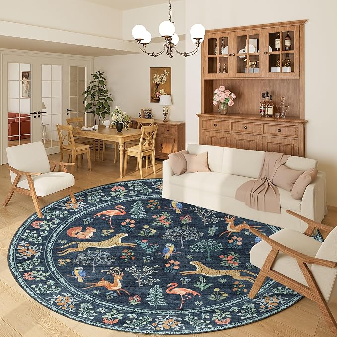 DUKINO 6ft Round Rug for Bedroom, WashableNon Slip Circle Rug, Navy Blue | Soft, Low Pile, Non-Shedding Indoor Carpet Runner for Entryway, Kitchen, Bedroom, Bathroom, Pet Friendly, Stain Resistant