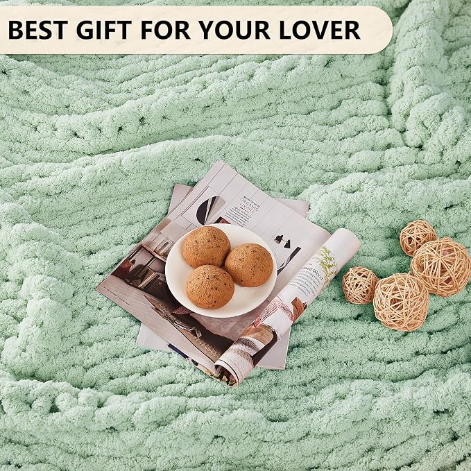 L'AGRATY Chunky Knit Throw Blanket for Couch, 50 x 60 Inches, Milky Green | Handmade Chenille Crochet Blanket for Sofa Bed, Thick Cable Knitted Blankets for Room Home Decor, Birthday Gift for Women Mom