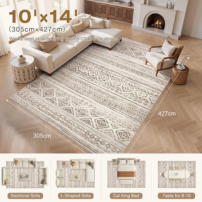 cotiled 10x14 Area Rugs Living Room Rug: Washable Boho Rugs with Non Slip Backing Large Soft Indoor Stain Resistant Carpet for Bedroom Farmhouse Dining Room Lightweight Home Decor Dark Brown