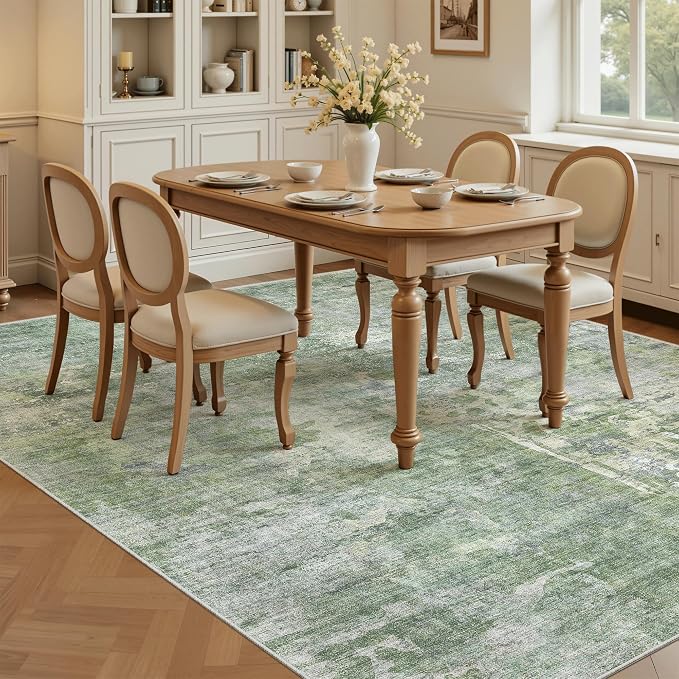 Soalmost Abstract Area Rug 6x9 for Living Room Washable Rugs Green/Ivory | Non-Slip Low-Pile Carpet for Dining Bedroom, Foldable Thin Vintage Stain Resistant Floor Mat Under Table Home Office Nursery