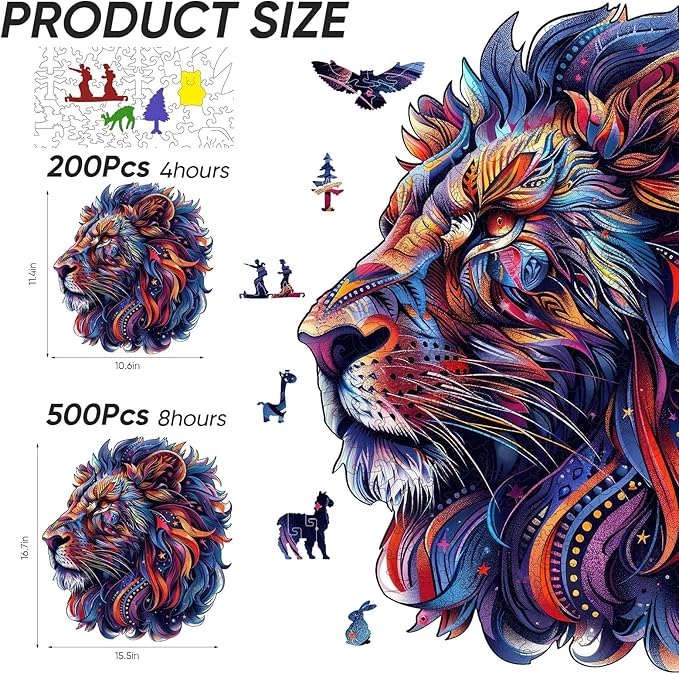 Qiuenisray 500 Pieces Wooden Puzzles for Adults, Lion Jigsaw Puzzles, Wood Challenging Puzzle, FSC Certified Wall Decor, Royal Unique Shape Animal Adult Puzzle Piece, Gift for Family Game 15.5x16.7 in