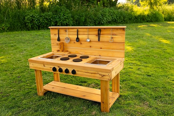 Noble Toys XL Cedar Outdoor Mud Kitchen Centered with Backsplash and Stovetop for Toddlers Kids | Pretend Play Table | Sensory Table | Outside Playset | Real Wooden Kitchens | Preschool Equipment