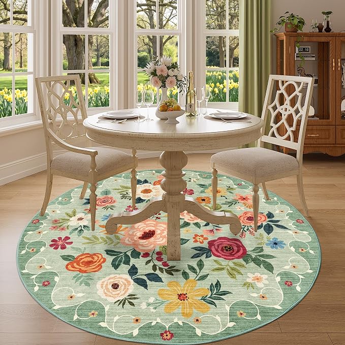 DUKINO 5ft Round Rug, Non Slip Floral Washable Small Circle Rug, Green | Soft, Low Pile, Floral Indoor Area Rug for Bedroom, Living Room, Kids Room, Office, Pet Friendly, Stain Resistant, Home Decor