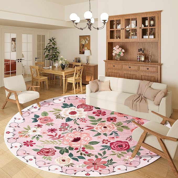 DUKINO 6ft Round Rug, Soft Washable Circle Rug for Bedroom Non Slip, Pink | Low Pile, Stain Resistant Indoor Rug for Living Room, Dining Room, Kids Room, Office, Pet Friendly, Home Decor, Non-Shedding