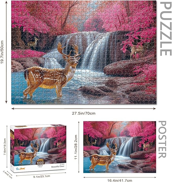 1000 Piece Puzzle of Adults - Beautiful Deer National Park Forest Waterfall, Nature Wildlife Jigsaw Puzzle