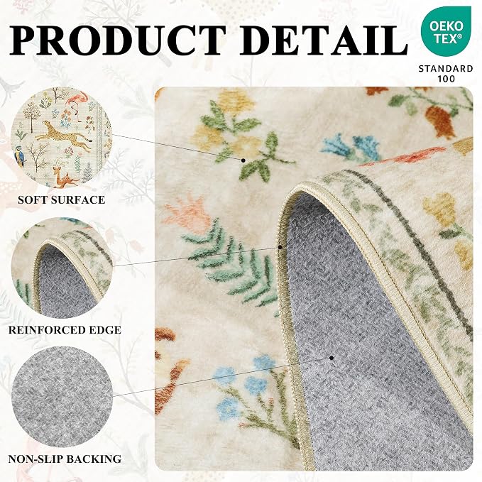 DUKINO 4x4 Square Area Rug, Washable Animal Rug for Entryway, Beige | Non Slip, Low Pile, Soft Indoor Carpet for Bedroom, Kitchen, Office, Kids Room, Farmhouse, Pet Friendly, Stain Resistant