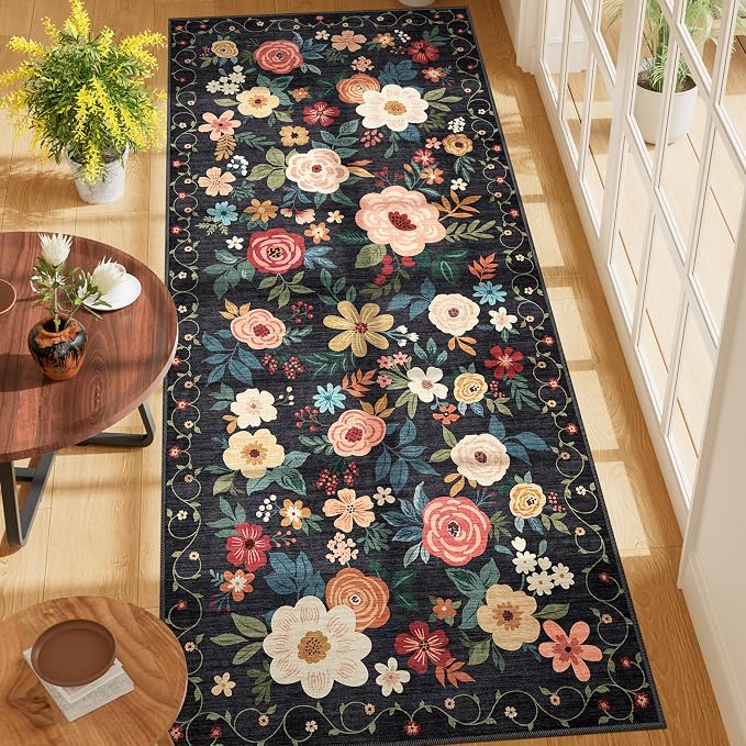 DUKINO 3x7 Kitchen Runner Rug, Washable Rug for Hallway Non Slip, Black | Floral, Low Pile, Soft Indoor Rug for Bedroom, Bathroom, Entryway, Laundry, Pet Friendly, Stain Resistant, Modern Home Decor