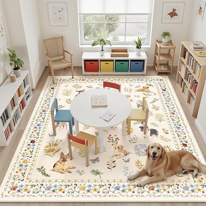 Soalmost Dog 9x12 Area Rugs for Living Room, Washable Animal Soft Rug Beige | Floral Vintage Non-Slip Low Pile Cute Throw Large Rugs for Classroom Bedroom Dining Room Nursery Playroom 9' x 12'