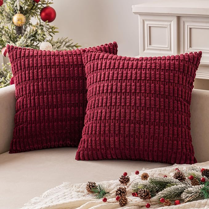 MIULEE Euro Sham Corduroy Decorative Throw Pillow Covers 22x22 Burgundy | Pack of 2 Soft Boho Striped Pillow Covers Modern Farmhouse Home Decor For Sofa Living Room Couch Bed