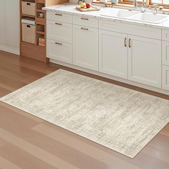 Soalmost 2x4 Washable Rugs for Kitchen, Entryway, Small Area Rug Beige | Non-Slip Vintage Low Pile Throw Door Mat For Bathroom Entry Laundry Powder Room, Stain Resistant Indoor Entrance Floor Carpet