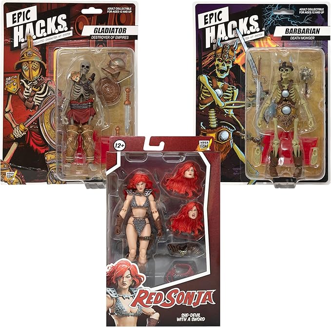 Boss Fight Studio Epic H.A.C.K.S. Red Sonja Deluxe Action Figure with Gladiator & Barbarian Skeletons – Set of 3 Highly Articulated Collectible Figurines – Interchangeable Parts & Accessories – 1:12