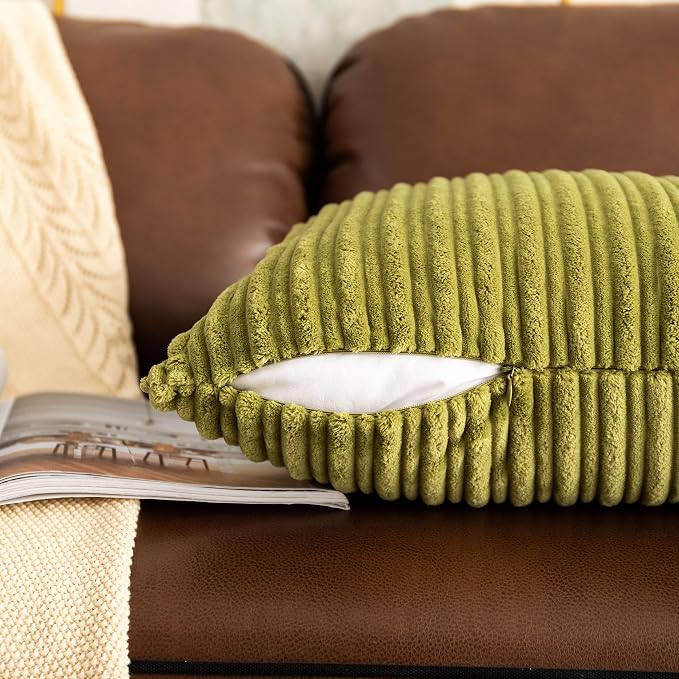 UGASA Pack of 2, Velvet Pillow Covers Striped, Soft Textured Throw Cushion Case Set, Accent Corduroy Lumbar Pillowcases with Hidden Zipper for Home Decor Indoor Outdoor (12"x20", Green)