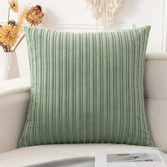 UGASA 18x18 Inch Soft Throw Pillow Cover Corduroy Striped Solid Square Cushion Case Boho Farmhouse for Couch Bedroom Sofa Home, 1 Piece, Sage Green
