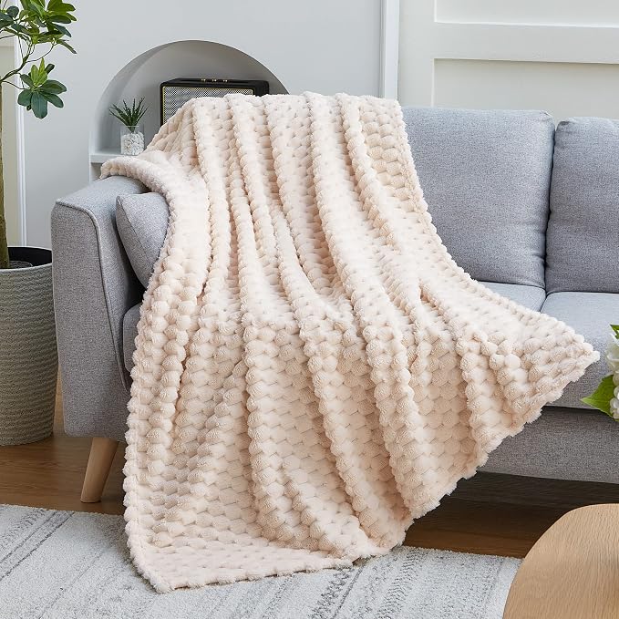 EXQ Home Gentle Soft Fleece Throw Blanket – Cozy Lightweight 3D Imitation Turtle Shell Jacquard Blanket for Couch Bed – All-Season Warm Fuzzy Flannel Blanket for Women Mom Her Gifts(84"x90",Beige)