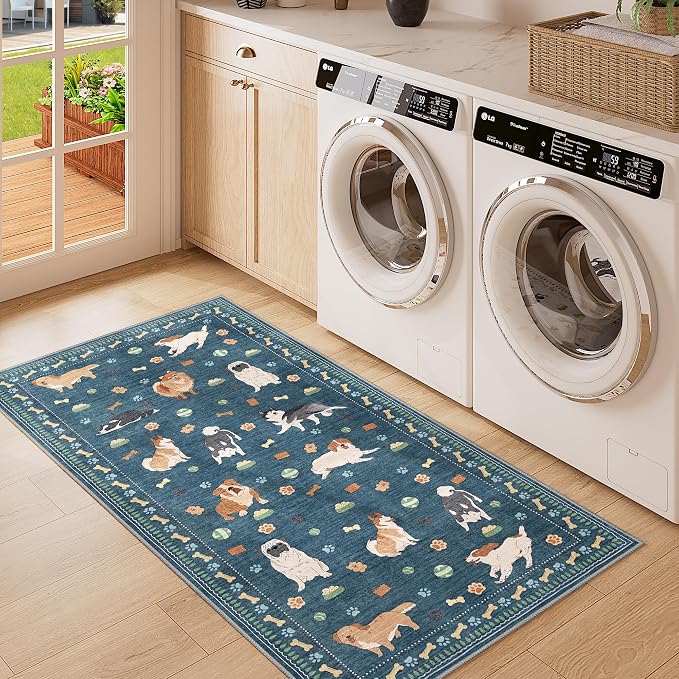 DUKINO 2x4 Rug Runner, Washable Dog Bathroom Rug Soft Non Slip, Blue | Low Pile, Non-Shedding, Stain Resistant, Indoor Animal Carpet Runner for Kitchen Entryway Hallway Laundry Farmhouse Bedroom