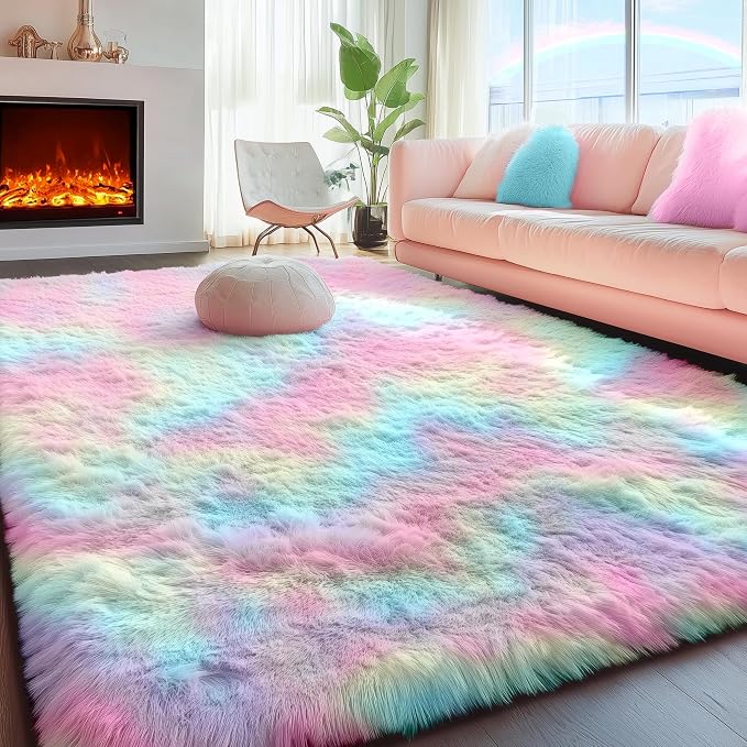 PAGISOFE Fluffy Vibrant Area Rugs for Girls Bedroom, Plush Shaggy Colorful Rugs for Kids Playroom Kawaii Princess Fuzzy Nursery Rug for Baby's Toddler's Room Cute Room Decor for Teenage 5x8 Ft Rainbow