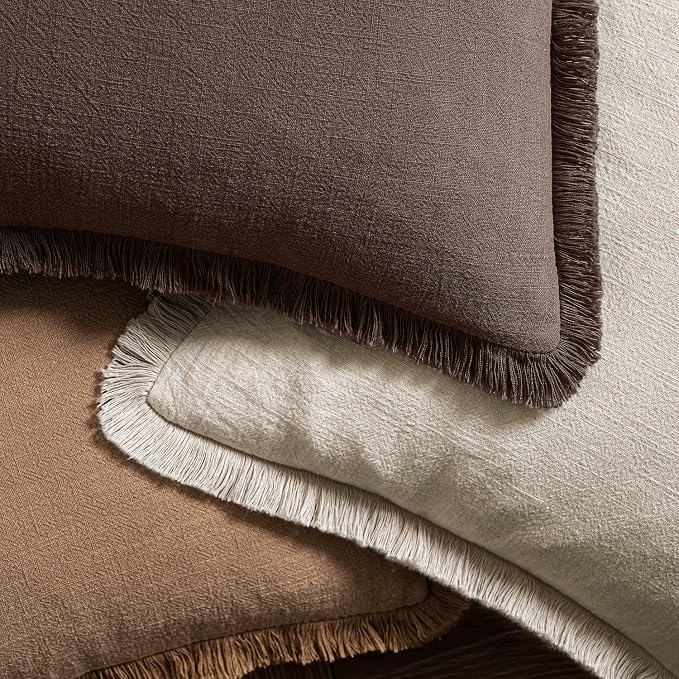 MIULEE Linen Fringe Decorative Fall Euro Pillow Covers Reddish Brown 22x22 | Set of 2, Cottagecore Decor, Boho Farmhouse Neutral Pillow Covers, Rustic Fall Couch Cushion Cases for Sofa Bed Living Room