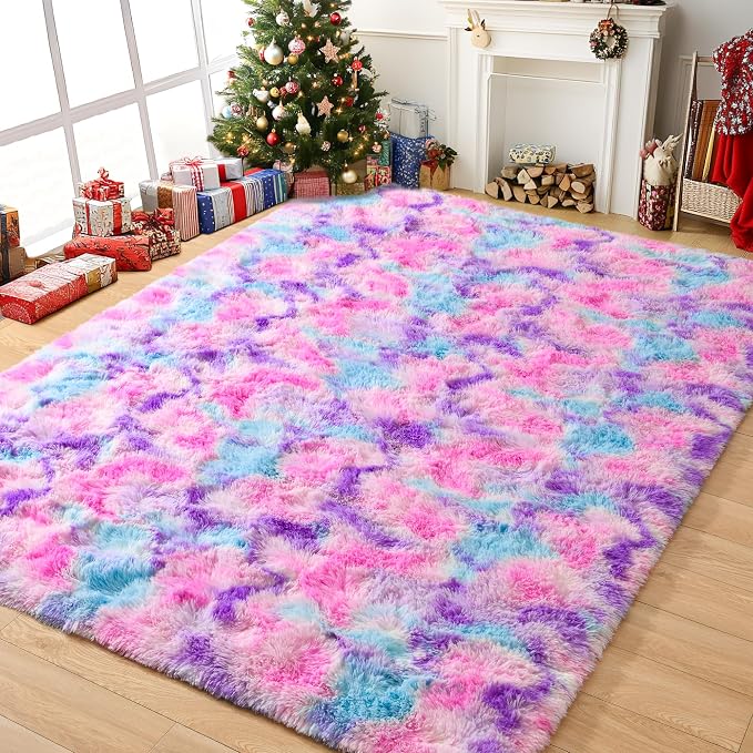 Tepook Pink Blue Purple Area Rug for Girls Room, Fluffy 8x10 Cute Soft Colorful Kids Rugs for Bedroom Dorm Classroom Nursery Playroom, Fuzzy Shaggy Rainbow Princess Carpet for Toddler Home Decor
