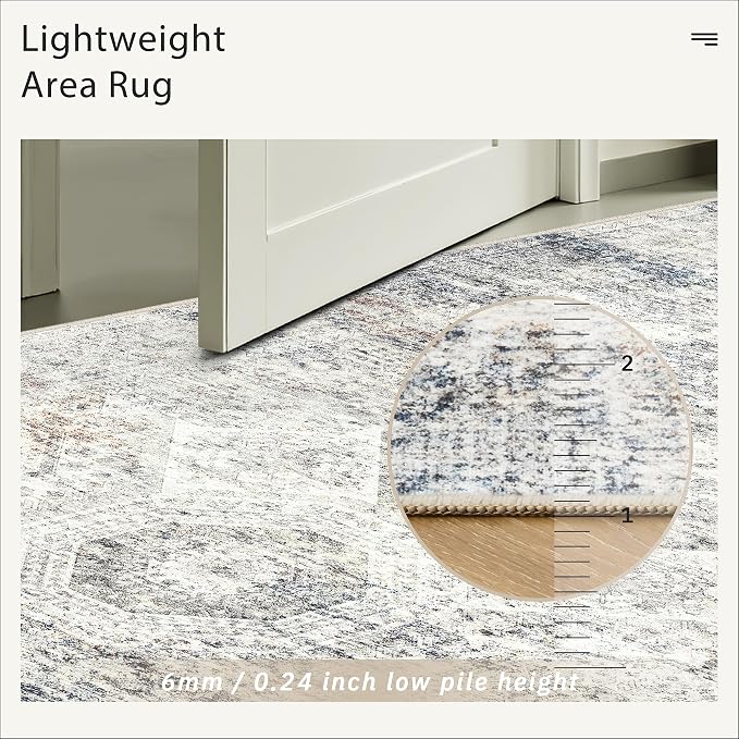 Soalmost 6x9 Area Rug for Living Room Washable Rugs Non-Slip Blue/Ivory | Low-Pile Vintage Carpet for Dining Bedroom, Foldable Thin Stain Resistant Floor Mat Under Table Home Office Nursery Decor
