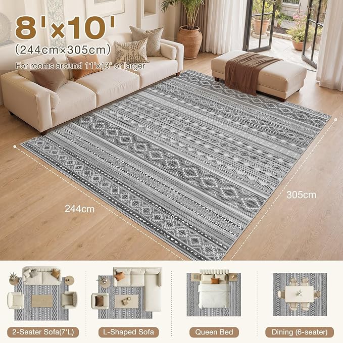 cotiled 8x10 Area Rugs Living Room Rug: Washable Boho Rugs with Non Slip Backing Large Soft Indoor Stain Resistant Carpet for Bedroom Farmhouse Dining Room Lightweight Home Decor Beige Grey