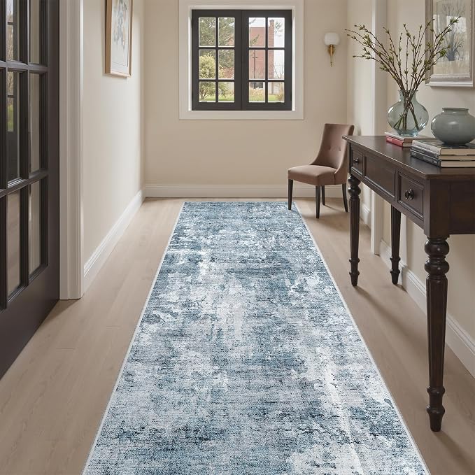 Soalmost Abstract Runner Rug 3x8 Hallway Kitchen Rugs Non-Slip, Blue/Grey | Vintage Washable Runners 8ft for Bathroom Laundry Room, Foldable Low-Pile Floor Carpet Mat for Entryway Corridor Bedroom