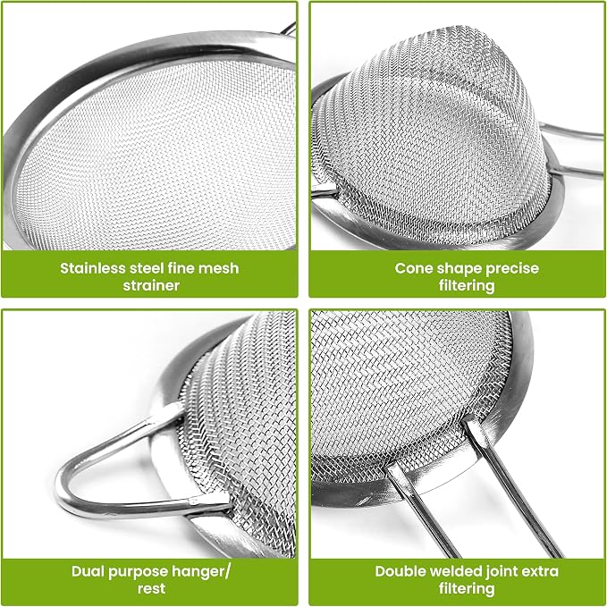 Set of 2 Stainless Steel Mesh Strainers for Kitchen - 5.5 inch Round Fine Mesh Strainer & 3.4 inch Conical Strainer Fine Mesh - Ideal to Sieve Pasta Noodles, Quinoa, Tea, Coffee, Juices, Flour