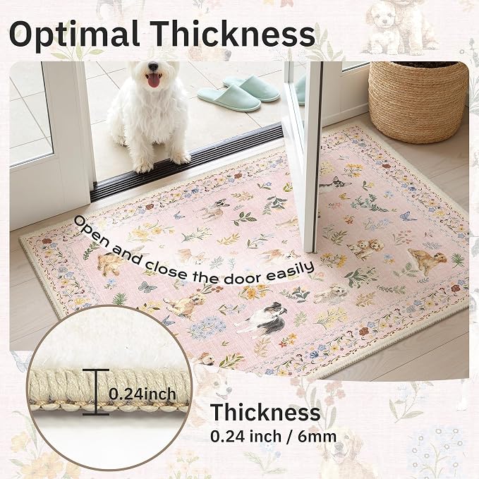 Soalmost Dog 9x12 Pink Area Rugs for Baby Girl Nursery, Washable Soft Rug | Floral Vintage Cute Animal Non-Slip Low Pile Throw Rugs for Living Room Dining Room Bedroom Playroom Classroom 9' x 12'
