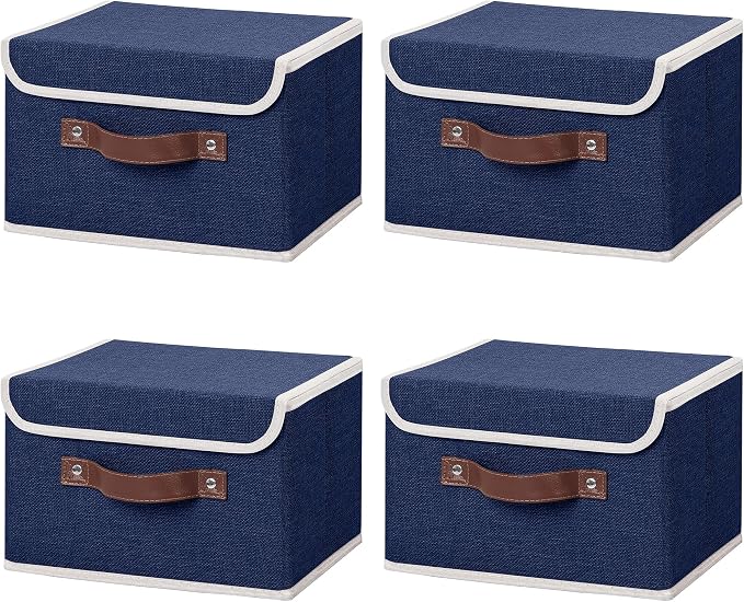 ANMINY Fabric Storage Box Bins with Lids, Blue, 10"x8"x7", 4 Pack | Keepsake Memory Storage, Cotton Linen, PP Board Reinforced, Washable, PU Handles, Foldable & Stackable, Decorative, Small
