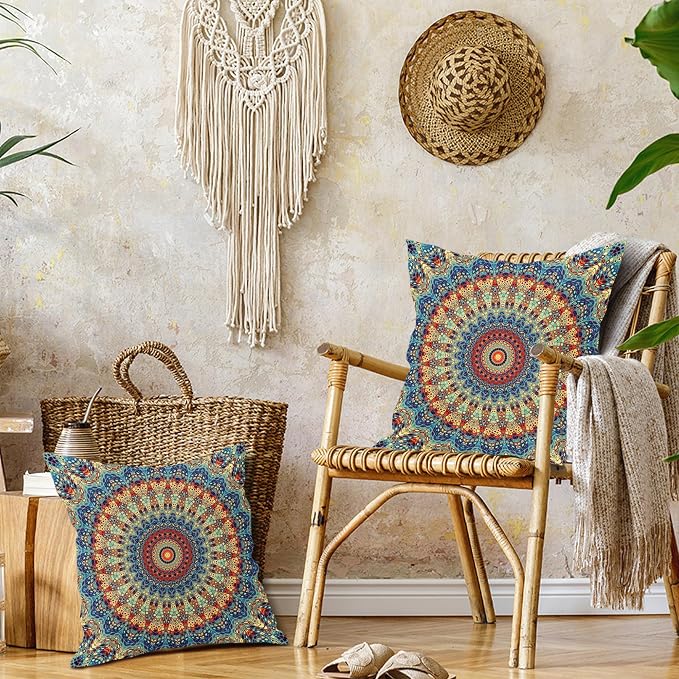 Boho Mandala Floral Pillow Covers 20X20 Inch Set of 2 Navy Blue Orange Abstract Flower Decorative Pillow Cases Colorful Retro Ethnic Cotton Linen Cushion Case Home Decor For Sofa Couch Porch Outdoor