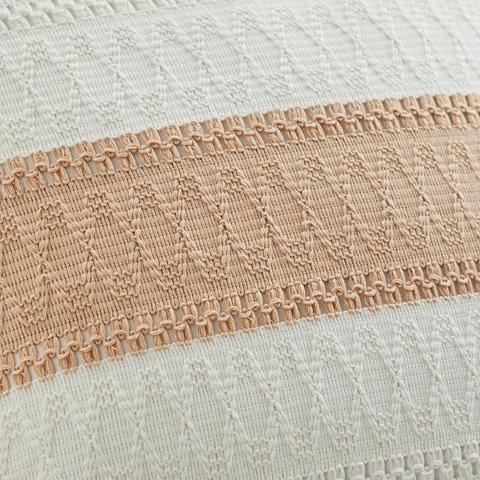 2pk Boho Pillow Covers 12x20, Natural White/Contrast/Beige | 100% Organic Cotton Body, Stripe Embroidery, Farmhouse Decorative Cushion Covers for Sofa Bed Living Room Home Decor