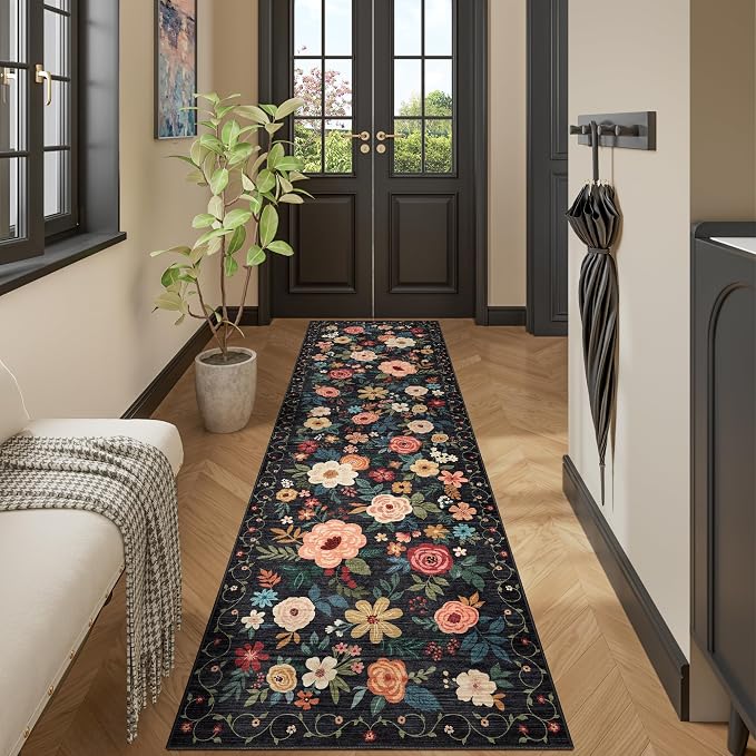 DUKINO 2x10 Runner Rug, Floral Washable Kitchen Runner Rug Non Slip, Black | Soft, Low Pile, Stain Resistant Indoor Rug Runner for Hallway, Entryway, Bedroom, Bathroom, Laundry, Pet Friendly, Home Decor