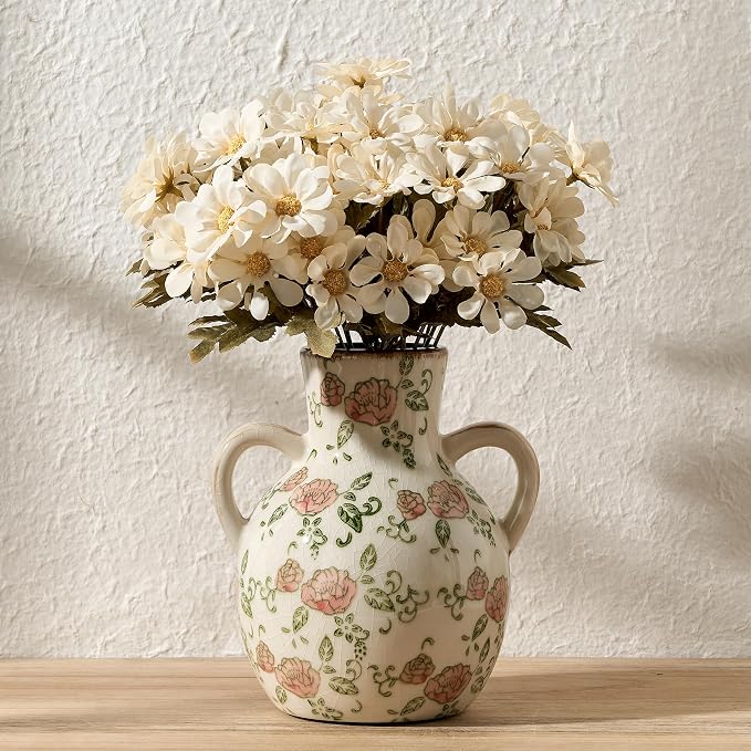 SIDUCAL Ceramic Vintage Pastoral Vase with Handles, 7 Inch Chinoiserie Floral Vase, Retro Ice Cracked Rustic Farmhouse Vases for Home Decor, Living Room, Bookshelf, Office, Tuscan Decor, Red Rose