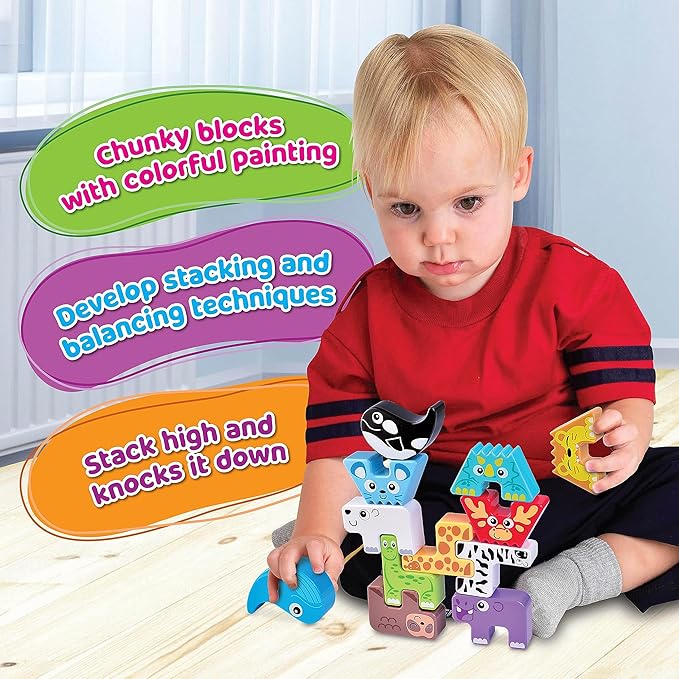 Montessori Puzzle N’ Stack Animals Toys, Kids Stacking Building Animal Blocks Toy for Toddler Preschool, Fun Educational Stacker Gifts for 12 18 24 36 Months, 1 2 3 4 Year Old