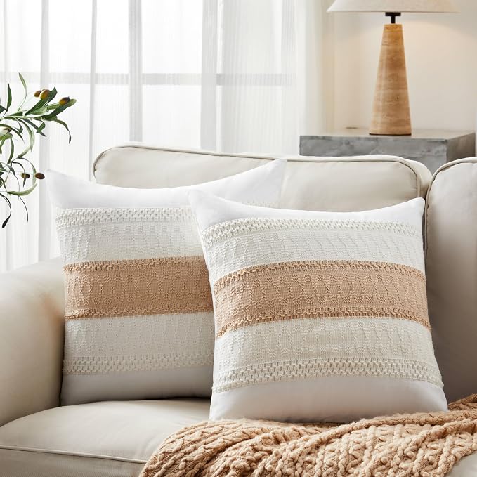 2pk Boho Pillow Covers 18x18, Natural White/Contrast/Beige | 100% Organic Cotton Body, Stripe Embroidery, Farmhouse Decorative Cushion Covers for Sofa Bed Living Room Home Decor