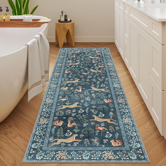 DUKINO 2.6x8 Rug for Hallway, Washable Kitchen Runner Rug Non Slip, Blue | Low Pile, Stain Resistant, Soft Animal Indoor Carpet Runner for Entryway, Bedroom, Bathroom, Laundry, Lightweight, Home Decor