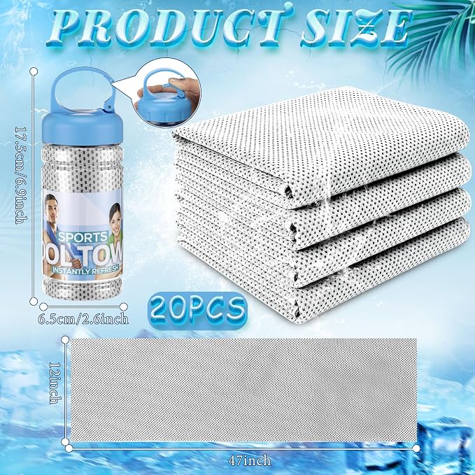 Honoson 20 Pcs Cooling Towels for Neck and Face, 47"x12" Sports Breathable Ice Towels Microfiber Chilly Sweat Rags with Portable Bottle for Gym Golf Athletes Yoga Workout Hot Weather (Light Gray)