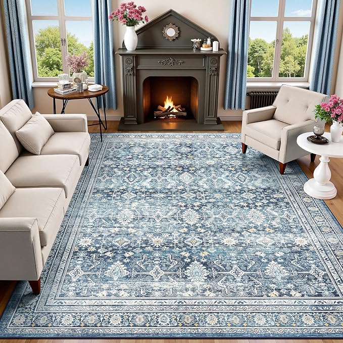 8x10 Area Rugs for Living Room Blue Washable Non-Slip Large Carpet | Soft Area Rug for Dining Room Home Office Indoor Nursery, Stain Resistant, Low Pile, Vintage Boho Distressed Rug