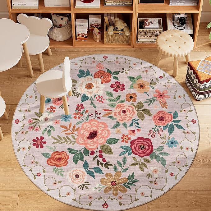 DUKINO 5ft Round Rug, Non Slip Floral Washable Small Circle Rug, Beige | Soft, Low Pile, Floral Indoor Area Rug for Bedroom, Living Room, Kids Room, Office, Pet Friendly, Stain Resistant, Home Decor