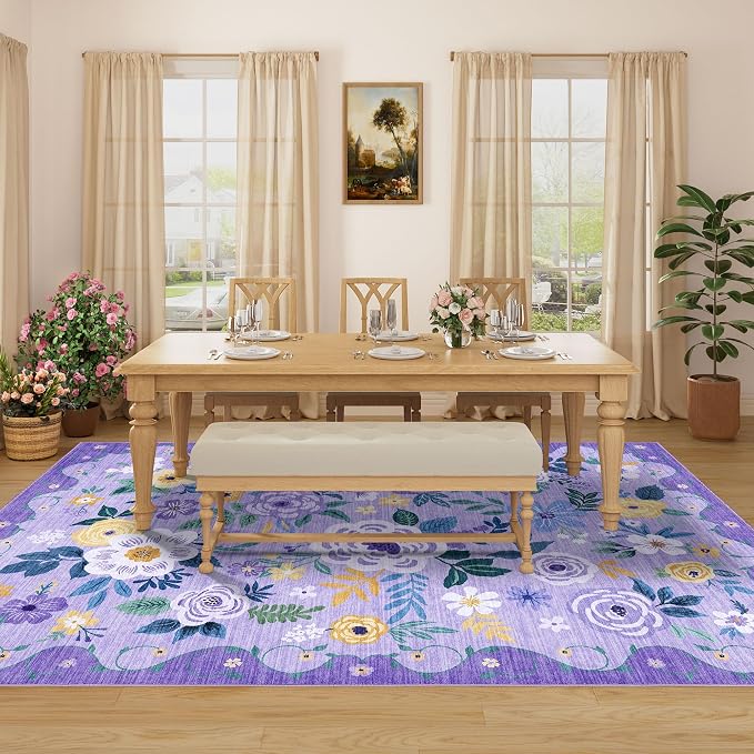DUKINO 5x7 Area Rugs, Floral Washable Rug for Living Room Non Slip, Purple | Soft, Low Pile, Stain Resistant Indoor Rug for Bedroom, Dining Room, Office, Pet Friendly, Lightweight, Modern Home Decor