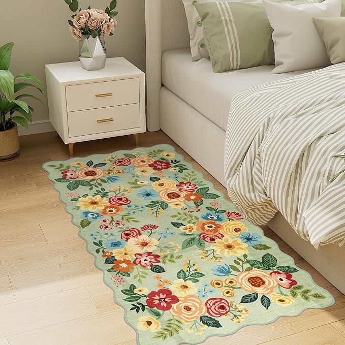 DUKINO 2x4 Rug for Entryway, Floral Washable Kitchen Rugs Non Slip, Green | Soft, Low Pile, Stain Resistant Throw Runner Rug for Hallway, Bedroom, Bathroom, Laundry, Pet Friendly, Modern Home Decor