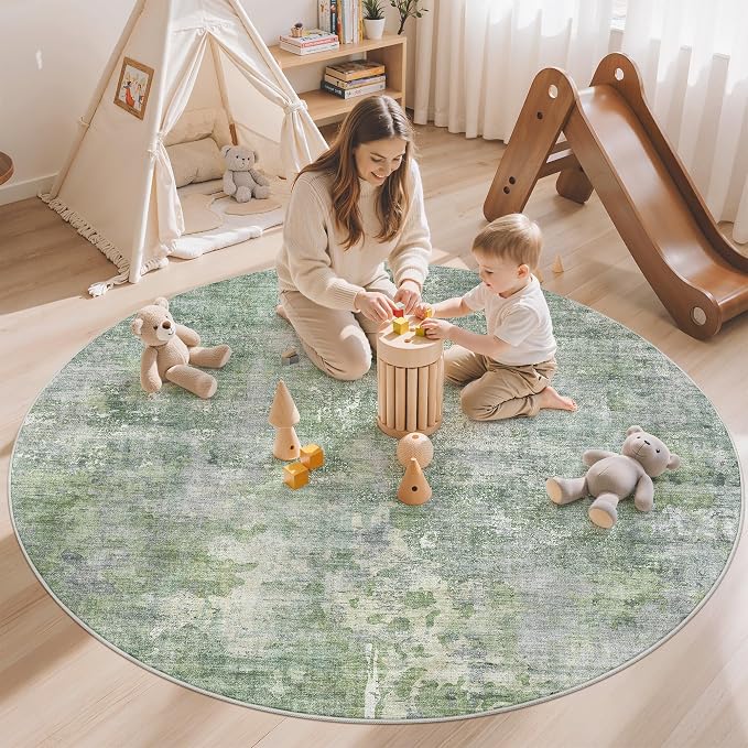Soalmost Abstract 5x5 Round Rug 5ft Circle Living Room Rugs, Green/Ivory | Washable Vintage Indoor Carpet for Dining Bedroom, Low Pile Stain Resistant Foldable Floor Mat Entryway Home Office Decor